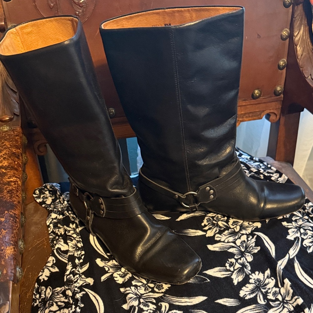 Frye  Vintage Black Leather Mid Calf Harness Boots size 8.5